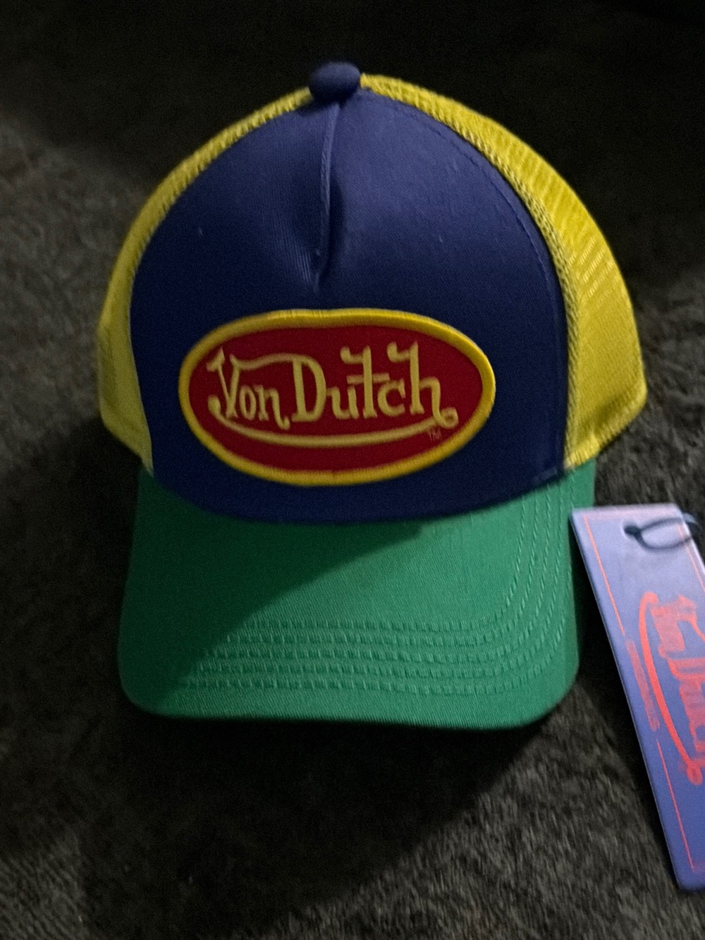 Von Dutch Kids Trucker Hat in Blue, Yellow & Green with Red Logo